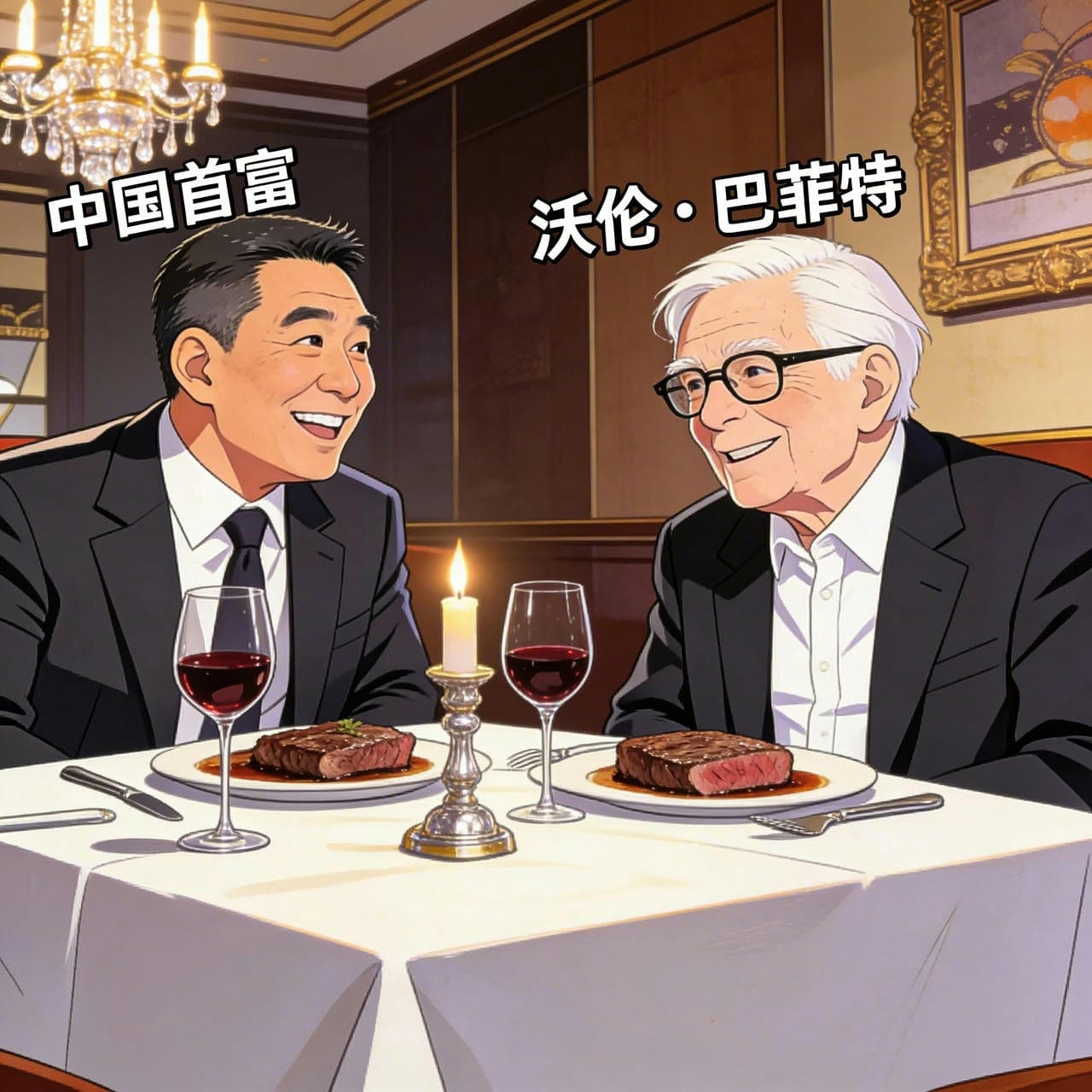 未检索时生成的中国首富与巴菲特晚餐漫画，中国首富是泛化 AI 脸