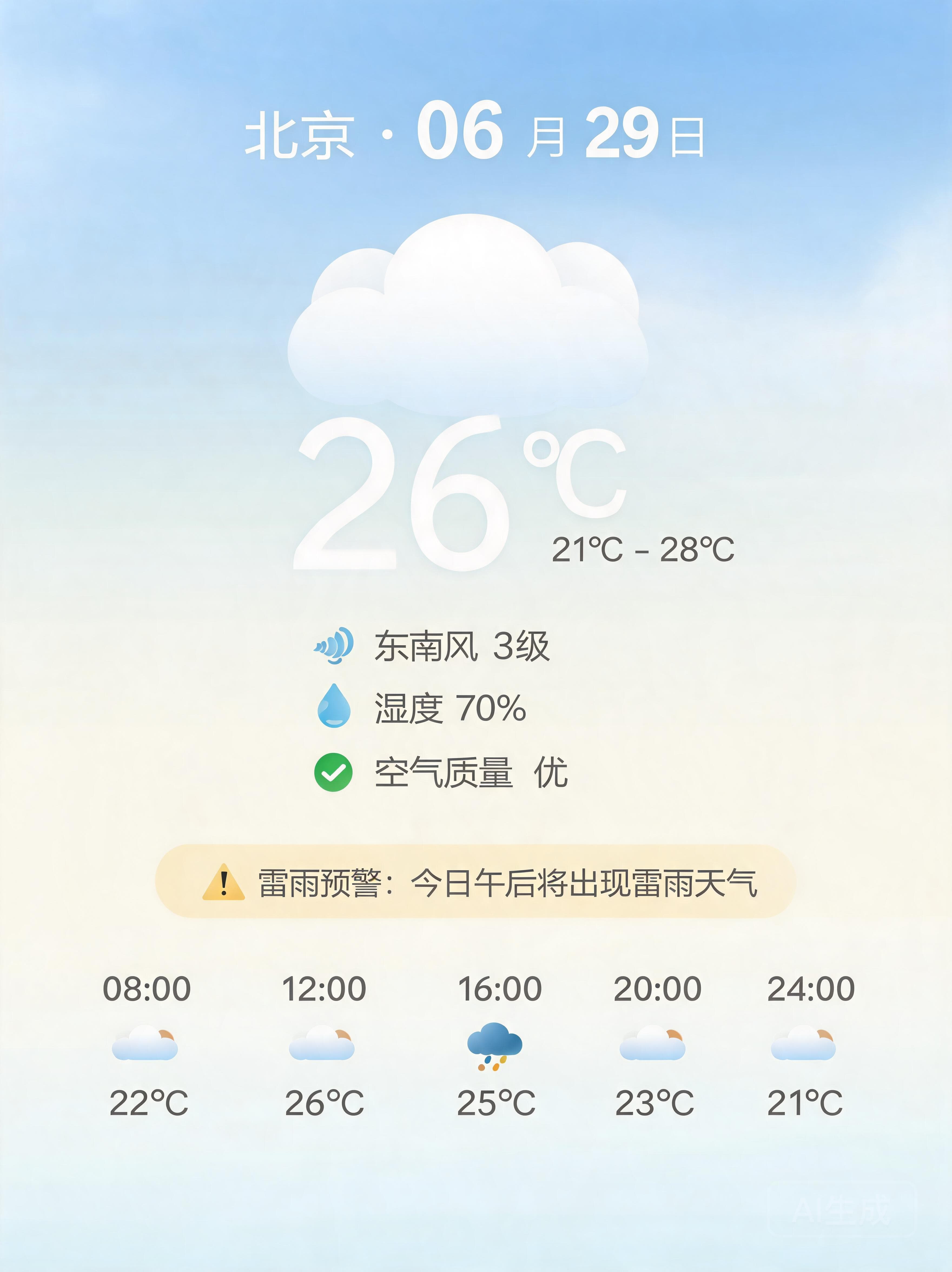 检索后生成的北京 6 月 29 日天气预报卡片，包含温度、风力、湿度和分时天气