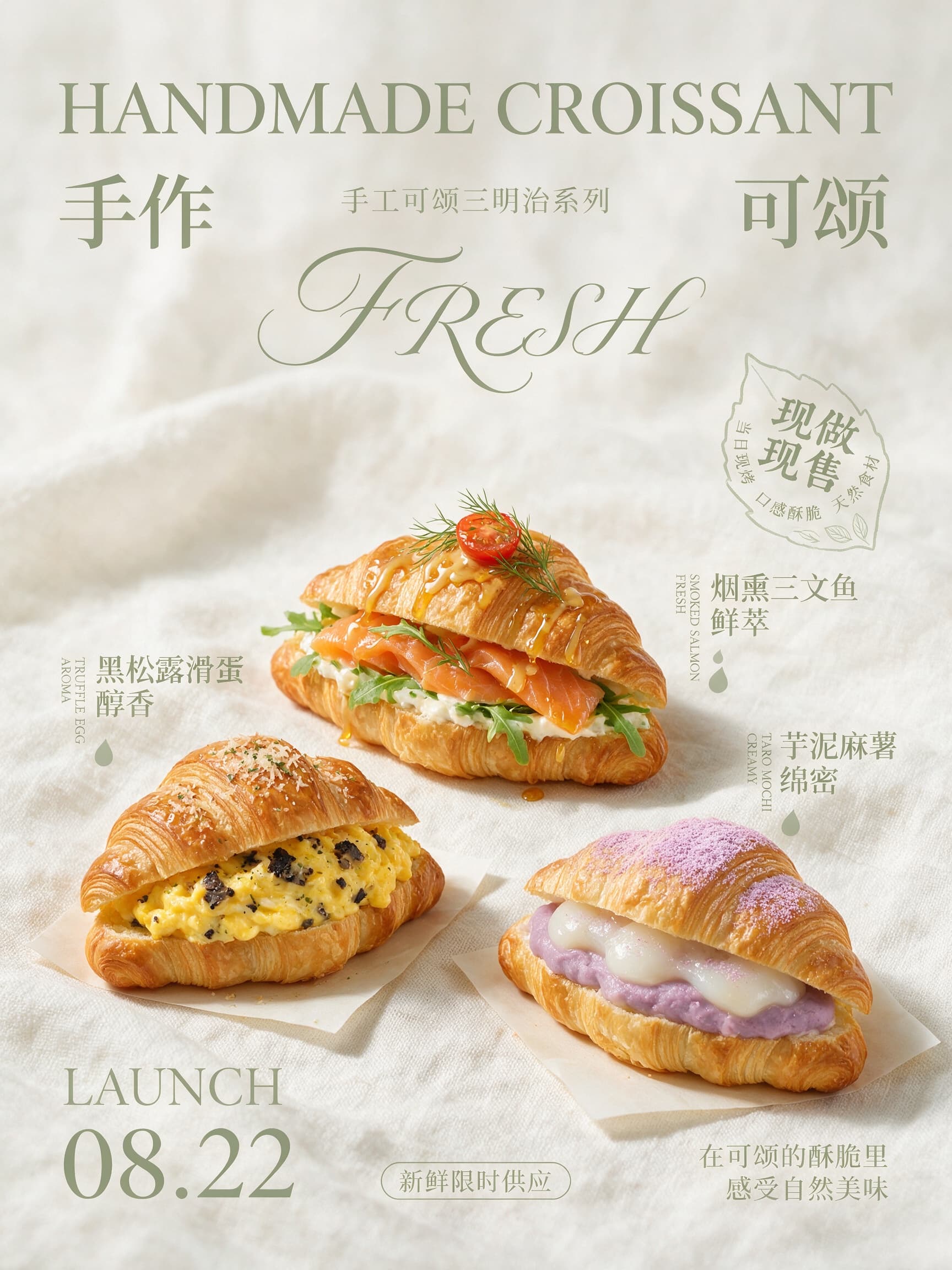 商品展示海报新版输出，三种可颂被统一色调和文字关系组织