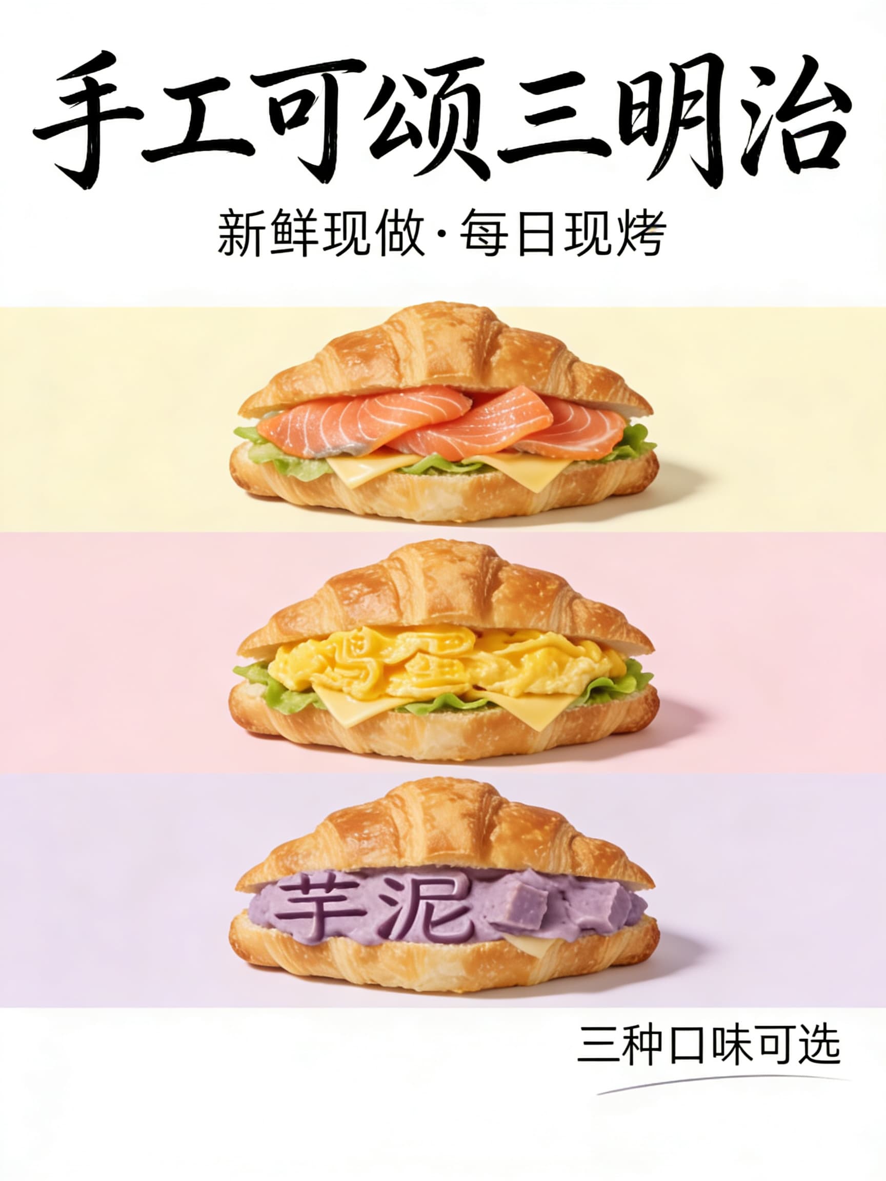 商品展示海报旧版输出，三种可颂夹心被分割展示，文字直接压在食物上